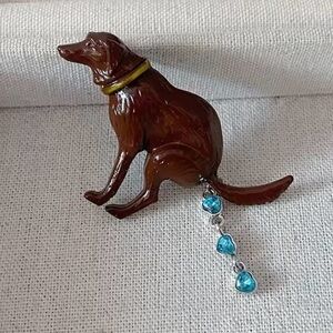 Pooping Chocolate Brown Lab Dog Brooch Pin Jewelry W/ Blue Crystal Poop